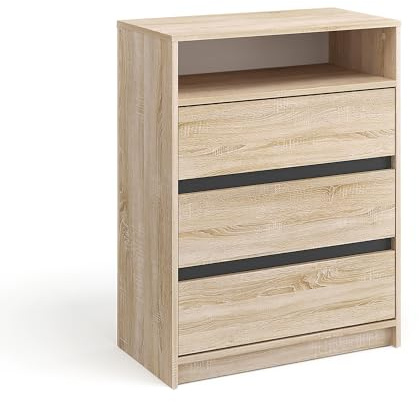 Komto Commode Chêne Sonoma – Meuble de Rangement avec 3 Tiroirs et 1 Niche Ouverte, Style Bois Clair pour Salon, Bureau ou Chambre Bébé/Enfant | Leon 70 x 37 x 90 cm (L x P x H)