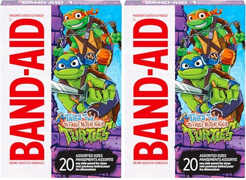 BAND-AID Brand Adhesive First Aid Bandages for Minor Cuts & Scrapes, Wound Care Featuring Nickelodeon TMNT Characters, Fun Bandages for Kids & Toddlers, Sterile, Assorted Sizes, 20 ct (Pack of 2)