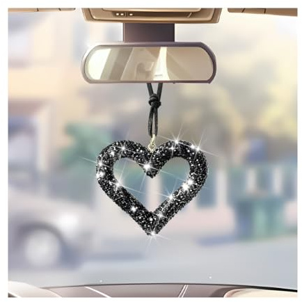 Mandark Bling Heart Car Hanging Accessories, Crystal Rhinestone Vehicle Rear View Mirror Charm Pendant Ornaments, Cute Diamond Auto Interior Hanger Decoration for Women Girls（Black）