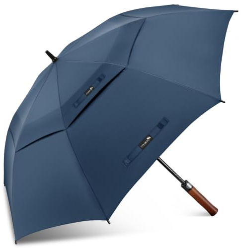 ZOMAKE Paraguas de Golf Grande - 157cm Paraguas de Golf Ventilado de Doble Cubierta para Hombre,Paraguas de Apertura Automática Muy Grande con Mango de Madera(B-Azul Madera)