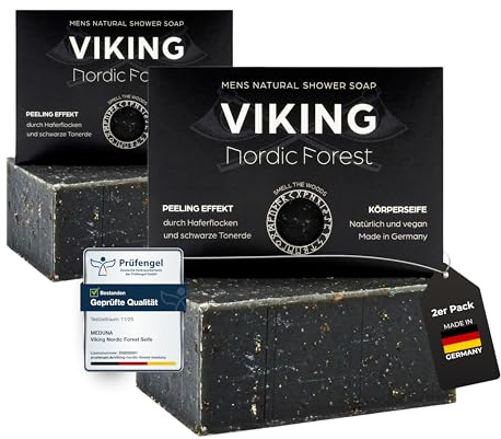 MEDUNA Peeling-Seife Viking Nordic Forest 2x100g - feste Naturseife - Handmade Soap - vegane Pflegeseife - Körperseife für alle Hauttypen - Bio-Kokosöl & Shea Butter Männerpflege - Made in Germany