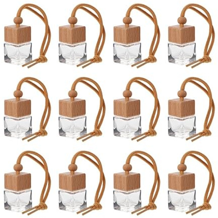 ULTECHNOVO Auto Duft Flasche Holzglasparfümflaschen 12Er-Set Leere Hängende Aromatherapie Flaschen Nachfüllbar Für Ätherische Öle Auto Innenraum Büro 1.77 X 0.98 X 0.98 in