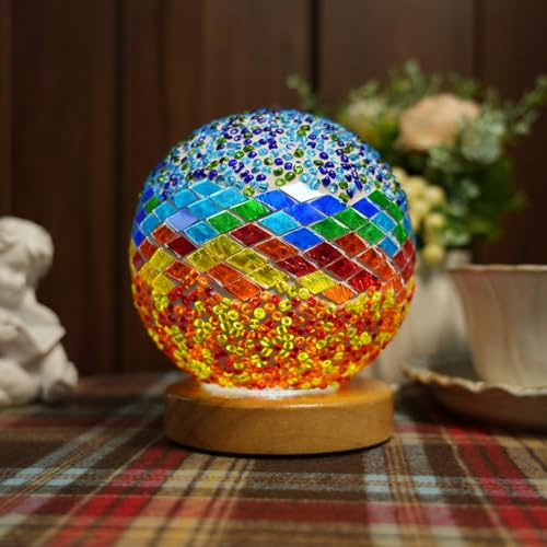 HyDlan Nachttischlampe Glas-Patchwork-Tischlampe (15.5 x 12.5cm), USB Stromanschluss Vintage Deko Schreibtischlampe, für modern Deko Schlafzimmer Nachtlampe, Wohnzimmer (Mittelmeer - Blau, Orange)