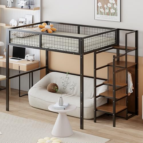 Zravenna Hochbett 140x200 mit Sicherheitsleiter, Kinderbett mit Schrank und Eisenrahmen, Kinder Etagenbett Doppelbett, Schrankbett Hochbett Metall, Schwarz