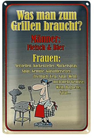 Blechschild 'Was man zum Grillen braucht' | Lustiges Geschenk für Grillfans | Männer vs. Frauen Grillzubehör | 20 cm x 30 cm