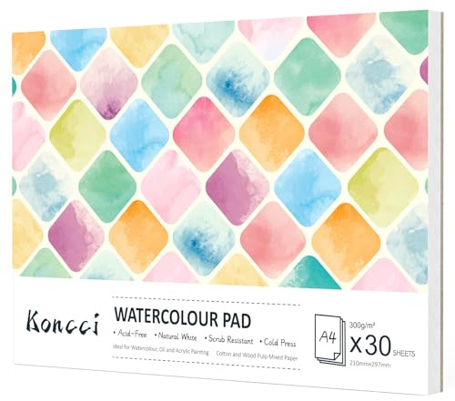 KONCCI Watercolour Paper Pad A4, 30 Sheets Watercolour Sketchbook 300GSM, Cotton Blend, Cold Press & Acid-Free, Natural White, Glued Bound, for Painting Drawing Beginner Students