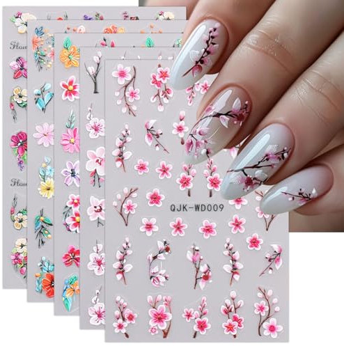 JMEOWIO Nagelsticker Blume 6 Blatt Nail Art Sticker Selbstklebend Nagelaufkleber Frühling Sommer Blumen Dekoration Nageldesign Zubehör