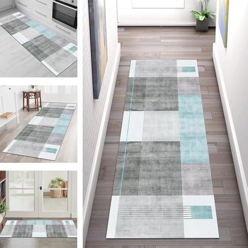 SGLGSTORE Teppich Läufer Lang Flur Küche Teppichläufer rutschfest Waschbar Küchenläufer Teppichmatten Grau Türkis Schmutzfangmatte 50X200CM Meterware Flurteppich Wohnzimmer Schlafzimmer Küchenteppich