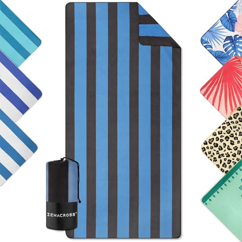 ZENACROSS - Strandhantuch 90x180cm - Mikrofaser Handtuch Groß - Schnelltrocknend - Microfaser Badetuch Sandfrei - Leichtes und Kompaktes Strandtuch - Schwarz & Blau