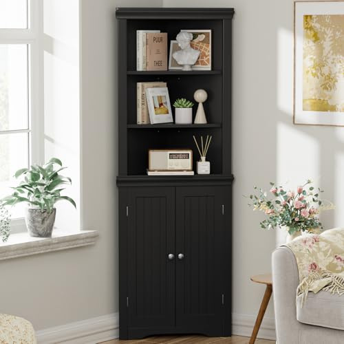 YESHOMY Corner Cabinet,Storage Cupboard with Doors,Tall Storage Cabinet with Adjustable Shelves, for Living Room,Bathroom,Kitchen,Dark Black