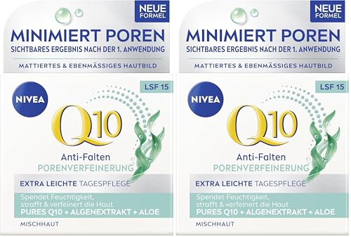 NIVEA Q10 Anti-Falten PORENVERFEINERUNG Extra Leichte Tagespflege, straffende Tagescreme mit LSF 15, Gesichtspflege für Mischhaut mit Q10, Algenextrakt und Aloe (50 ml) (Packung mit 2)