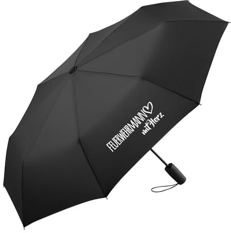 Huuraa Regenschirm Feuerwehrmann mit Herz Geschenk 98cm Schwarz Sturmfest Taschenschirm Feuerwehrmann Geschenkidee
