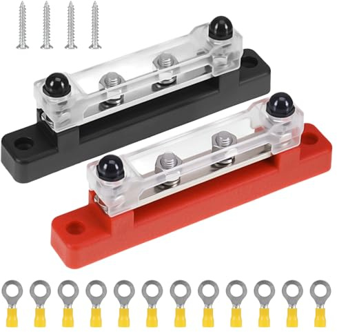 12V-48V Bus Bar Terminal Block with Cover 2Pcs Busbar Power Distribution Block with 4 x M8 TerminalStuds, Heavy Duty Busbar Stud TerminalJunction Blocks for car RV Yacht Boat (Red + Black)
