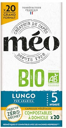 Cafés Méo Capsule Bio Lungo - Pack de 100 Capsules (5x20) - Compatible avec Nespresso