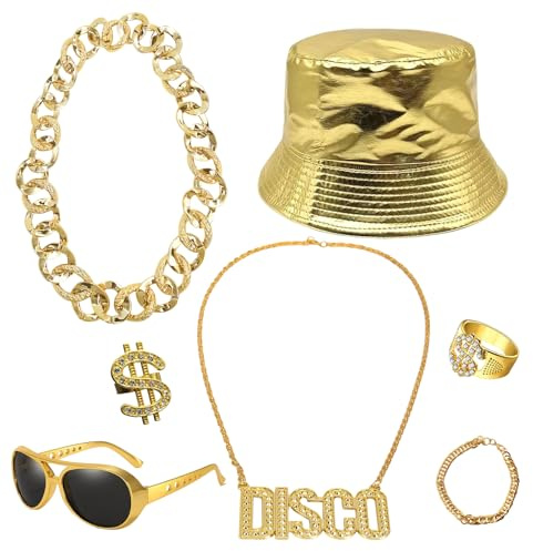 WanderGo 7 Stück Hip Hop Kostüm Herren Damen, 70er 80er 90er Jahre Rapper Outfit, Zuhälter Kostüm mit Gold/Schwarzer Hut, Sonnenbrille, Disco Kette, Kettenarmband, Dollar Ringe für Karneval Halloween