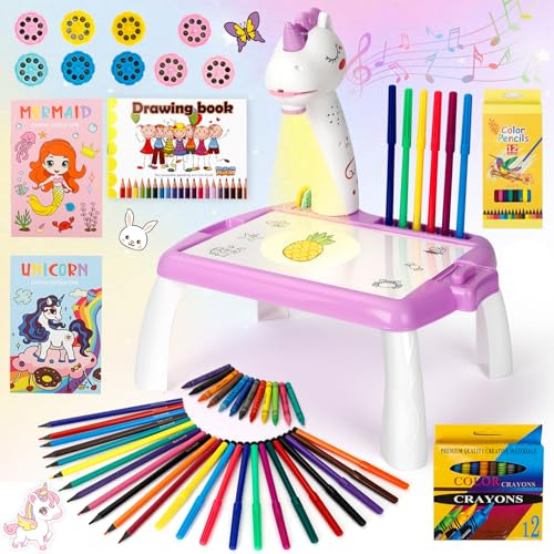 Beeoecm Projecteur Dessin Enfants, 52 Pièces Tableau de Projecteur Ensemble de Projecteur à Dessin avec 72 Motifs, Carnet à Croquis, Livre de Stickers et Crayons de Couleur pour Filles (Violet)