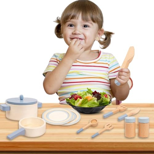 Jouets de cuisine en bois, ensemble de cuisine montissore, poêles, assiettes, cuillères, ustensiles de cuisine éducatifs, jeu de rôle imaginatif de 10 pièces, cuisine de simulation pour anniversaire