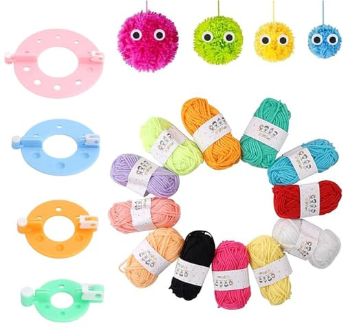 JOYOLA 16PCS Pompom Maker, 4 Größen Pompom Maker aus Kunststoff (3,5/5,5/7/9 cm), Bommel Maker mit 12 Farben Pompomwolle, für DIY-Bastelarbeiten, Mützen, Puppen, Schmuck, Dekorationen