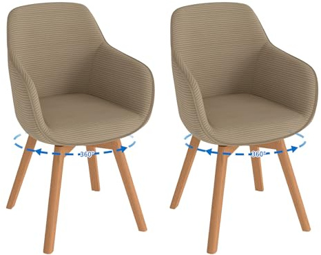 LEWE esszimmerstühle 2er Set drehbar, 360° Drehstuhl mit Armlehnen Holzbeinen，Cord Polsterstuhl für Küche, Esszimmer, Schlafzimmer, Khaki