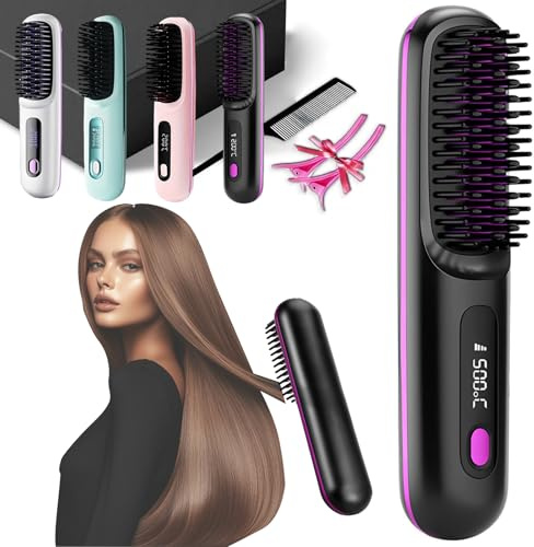 Brosse Coiffante Chauffante Cheveux Court, Brosse Lissante Portable Sans Fil Avec Technologie Mch à Chauffage, Chargement USB, 3 De Température Et LED, Pour Voyage Et à La Maison, Tous Les Types (#A)