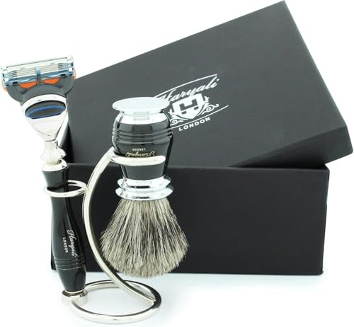 Set di pennelli da barba e rasoio Haryali - Spazzola per capelli in tasso nero puro con rasoio di sicurezza a 5 lame - Manico nero e metallo, con supporto in acciaio inossidabile