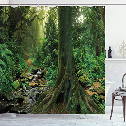 ABAKUHAUS Wald Duschvorhang, Moss auf Bäumen Strom, Stoffliches Gewebe Badezimmerdekorationsset mit Haken, 175 x 200 cm, Jadegrün Braun