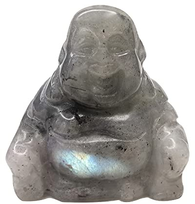 Lovionus89 Buddha Figur Edelstein Handgeschnitzt 4cm - Lachender Buddha Naturstein Deko für Meditation Yoga Büro - Glücksbringer Feng Shui Geschenk, Grauer Mondstein
