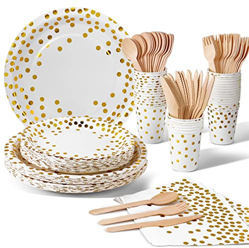 Nkaiso 140pcs Party Vaisselle,Kit Vaisselles Anniversaire Assiette Dîner Papier Tasse Serviette, Enfants Party Fête Mariages Baby Shower Noël, 20 invités (Blanc Or)