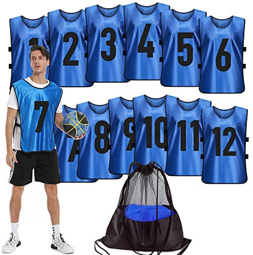 PULUOMASI Scrimmage Trainingsweste (12 Stück) Team Sports Pinnies Trikots für Erwachsene Jugendliche Fußball-Lätzchen nummerierte Übungs-Trikots, dunkelblau, X-Large