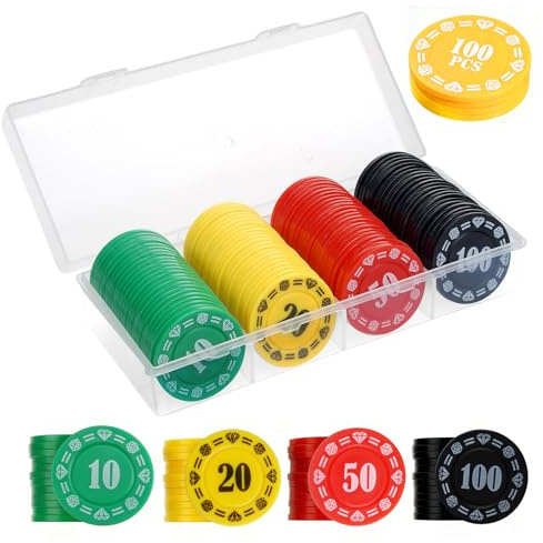 Plastic Poker Chips Set with Storage Box,Denomination Printed Casino Style Chip for Texas Home Game Nights,Holdem Poker Nights,Blackjack or Roulette Games,Casino Parties (100, Value 10-20-50-100)