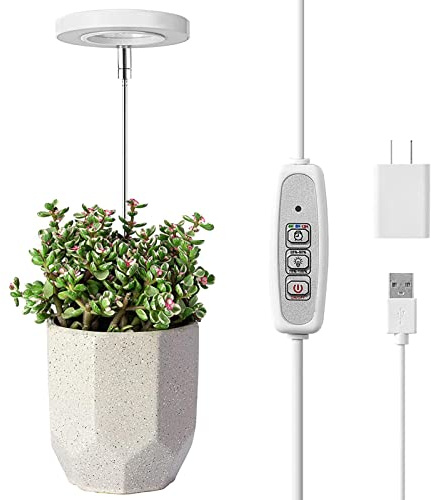 Fowybe Grow Light for Indoor Plants, Full Spectrum LED, 4 Dimmable Brightness, USB, White, Plastic or Metal