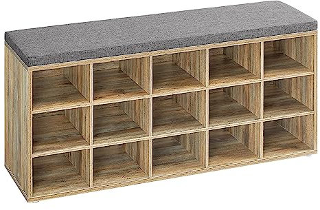 VASAGLE Schuhbank, Schuhregal mit Sitzfläche, Sitzbank mit Stauraum, Kissen, 15 Fächer, für Wohnzimmer, Flur, 30 x 105 x 48 cm, türkisbraun-Taubengrau LHS015T60