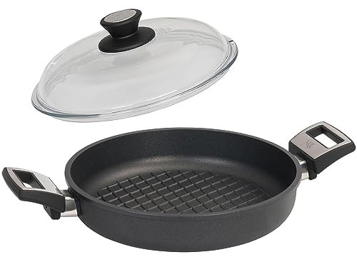 SKK Paella Grillpfanne Ø 28 cm - ohne Induktion - beschichtete Aluguss BBQ Pfanne 2-tlg. mit 2 seitlichen Griffen & Vollglas Deckel - Made in Germany