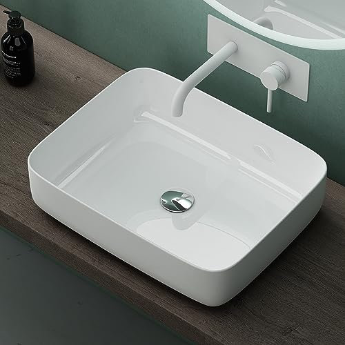 Mai & Mai Lavabo da Appoggio 50x40x15,5cm, Lavandino Bagno Brüssel106 in Ceramica con Nano Rivestimenti inclusi, Bianco