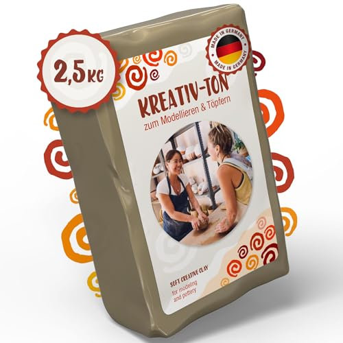 Kreativ-Ton - Modelliermasse lufttrocknend - 2,5kg Ton zum Modellieren mit Anleitung - Weich & geschmeidig - 100% natürlich - Selbsttrocknende Modelliermasse und zum Brennen geeignet