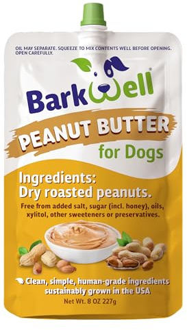 BarkWell Peanut Butter Squeeze - 8oz Pouch All-Natural Dog Peanut Butter, Sourced and Made in The USA Grain Free Dog Treat 100% Natural, Lick mat Topper, Puzzle Toy Fill