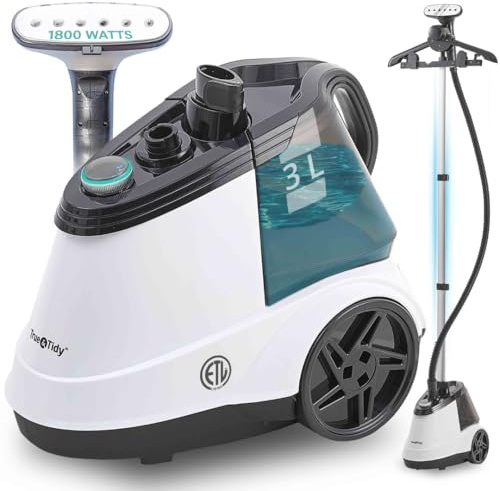 True & Tidy Heavy Duty Commercial Full Size Standing Garment Steamer for Clothes with Extra Large 3L (101 oz) Water Tank for 90+ mins of Steam Time, 1800 watts of Powerful Steam, 3 Settings, White