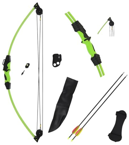BSW-Flitzebogen Compoundbogenset 12 lbs mit Pfeilen, Pinvisier, Köcher | Armschutz und Fingertab, beidhändiger Bogen mit 24 Zoll Auszug und 34 Zoll Länge für Bogensport Einstieg
