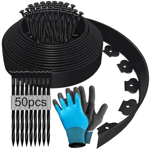 10m x 10cm Flexible Rasenkante aus Kunststoff, Beeteinfassung Beetumrandung Beetbegrenzung Mähkante Pflastersteine Palisade mit Erdanker und Handschuhe - Schwarz 10m
