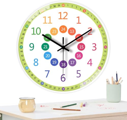 Orologio didattico per bambini, orologio da parete per bambini | Decorazione da parete per orologi da classe da 8 pollici - Orologio didattico per l'insegnamento 'ora senza ticchettio, orologio silenz