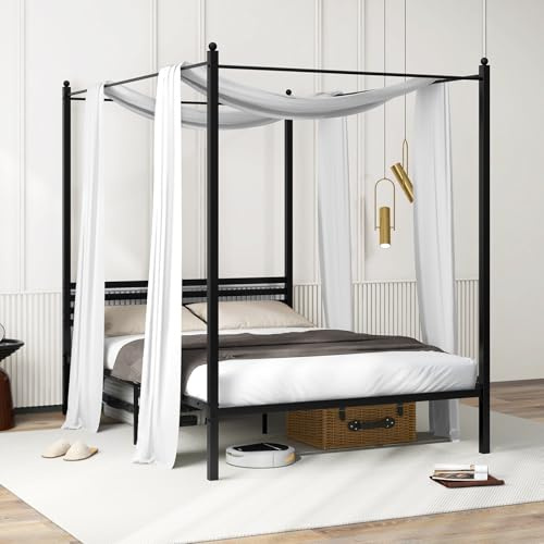 COSTWAY Cadre de Lit Double à Baldaquin 140 x 200 cm, Plateforme avec Toit en Métal, Tête de Lit, Rangement Sous Le Lit, Sommier à Lattes Métalliques, Assemblage Facile, Noir