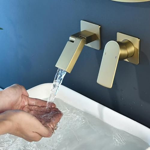 Brushed Gold Wall Mounted Bathroom Waterfall Tap Single Handle Basin Mixer Tap 2 Hole Brass Faucet