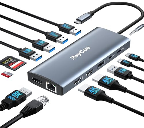 14 in 1 Triple 4K Display USB C Docking Station, Single DisplayPort Up to 8K@30Hz/ 4K@144Hz/ 4k@120Hz, USB C Hub Multiport Adapter Dongle with 2 HDMI, 7 USB Ports, 100W PD, Ethernet, Audio