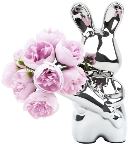 Bezaubernde Hasenvase mit Kunstblumen, Keramik-Hase mit Blume, Tierdeko für Zuhause, Regal, Schreibtisch & Kaminsims