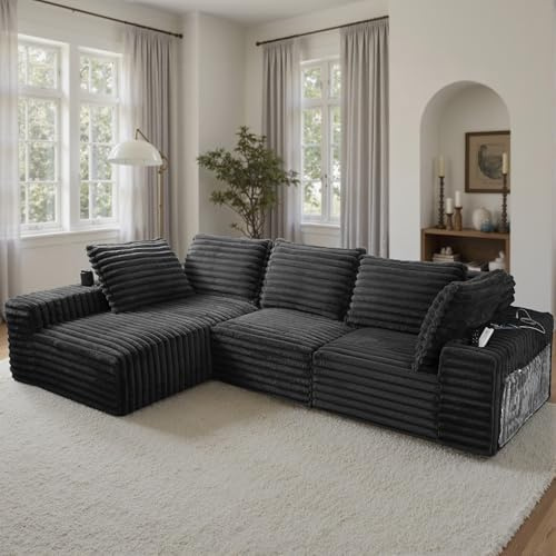 yeshine Schlafsofa 290 cm breit Sofa mit Schlaffunktion Bodensofa für Wohnzimmer L-förmiges Ecksofa Modulares Cloud-Sofa mit Kissen Boneless Couch mit USB-Ladeanschluss für Schlafzimmer (Schwarz)