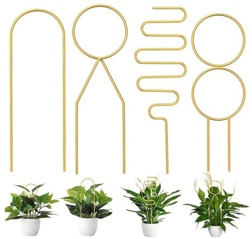 Lot de 4 tuteurs pour plantes d'intérieur - Supports pour plantes en pot - Grille de jardin pour plantes grimpantes - Tuteur en métal pour plantes en pot - Doré
