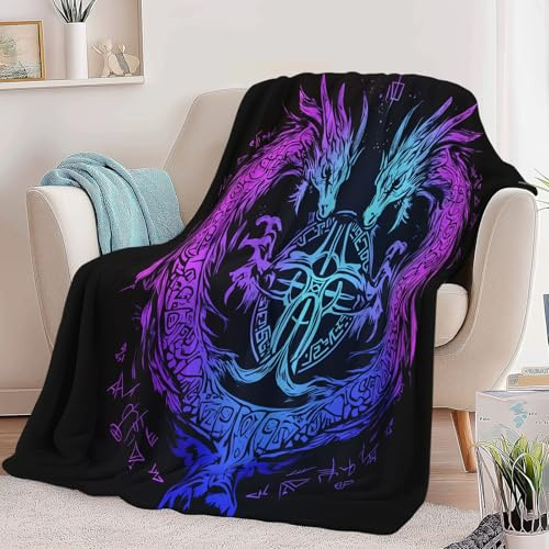200 x 200 cm Manta de Franela Ultra Suave Dragón Nórdico De Fantasía Manta Multifuncional, Cálida para Todas Las Estaciones Negro, Deal como el Mejor Regalo para Familia y Amigos