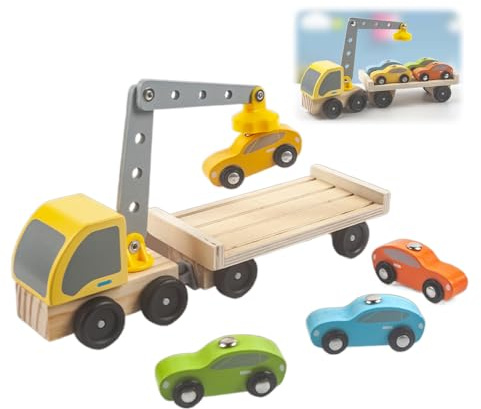 WRQIOO Autotransporter Holz mit 4 Magnet-Autos, Abschleppwagen Spielzeug für Kinder ab 1, 2, 3, 4, 5 Jahren, Geschenk Jungen & Mädchen, Montessori Holzspielzeug & Lernspiel mit Fahrzeugen