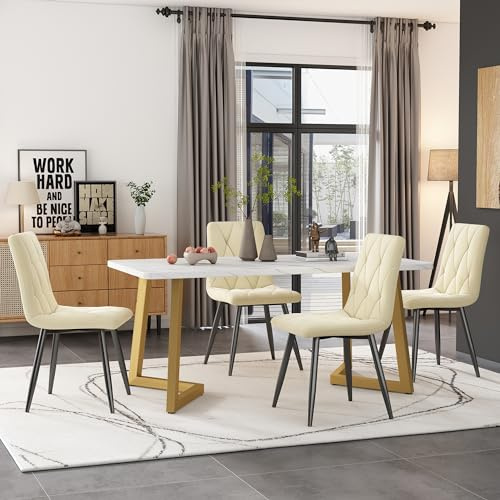 Aunvla Matgrupp, set 117 x 68 cm matbord med 4 stolar), rektangulärt matbord modernt köksbordsset, matstol beige twill sammet köksstol, gyllene bordsben