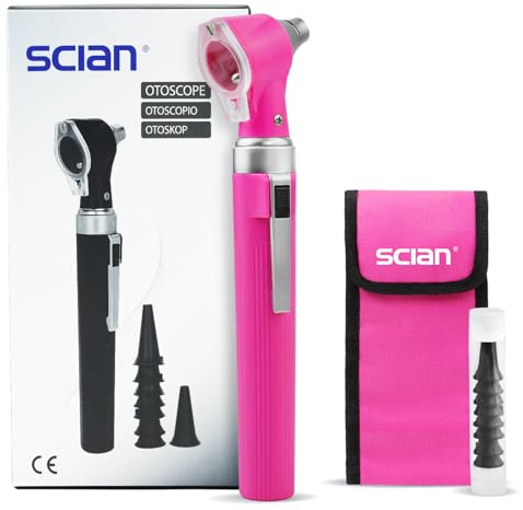 Scian Otoskop Kit – Ear Scope Otoskop mit LED Licht, 3 fache Vergrößerung, 4 Speculum Tips Größe, leichtes Diagnostik Ohrpflege-Tool für Kinder, Erwachsene, hunde, Heimgebrauch (Rosa)